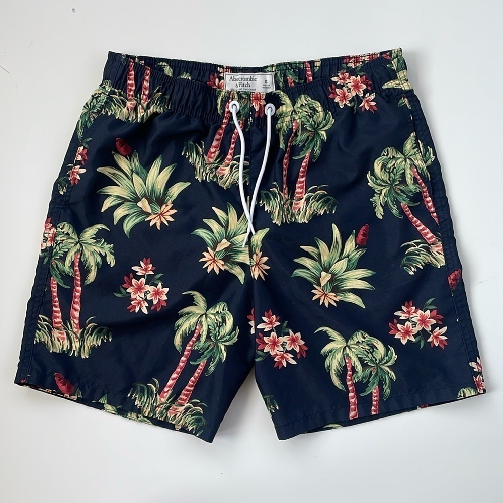 Abercrombie & Fitch Men's Navy Tropical Palm Tree Swim Trunks Size Small